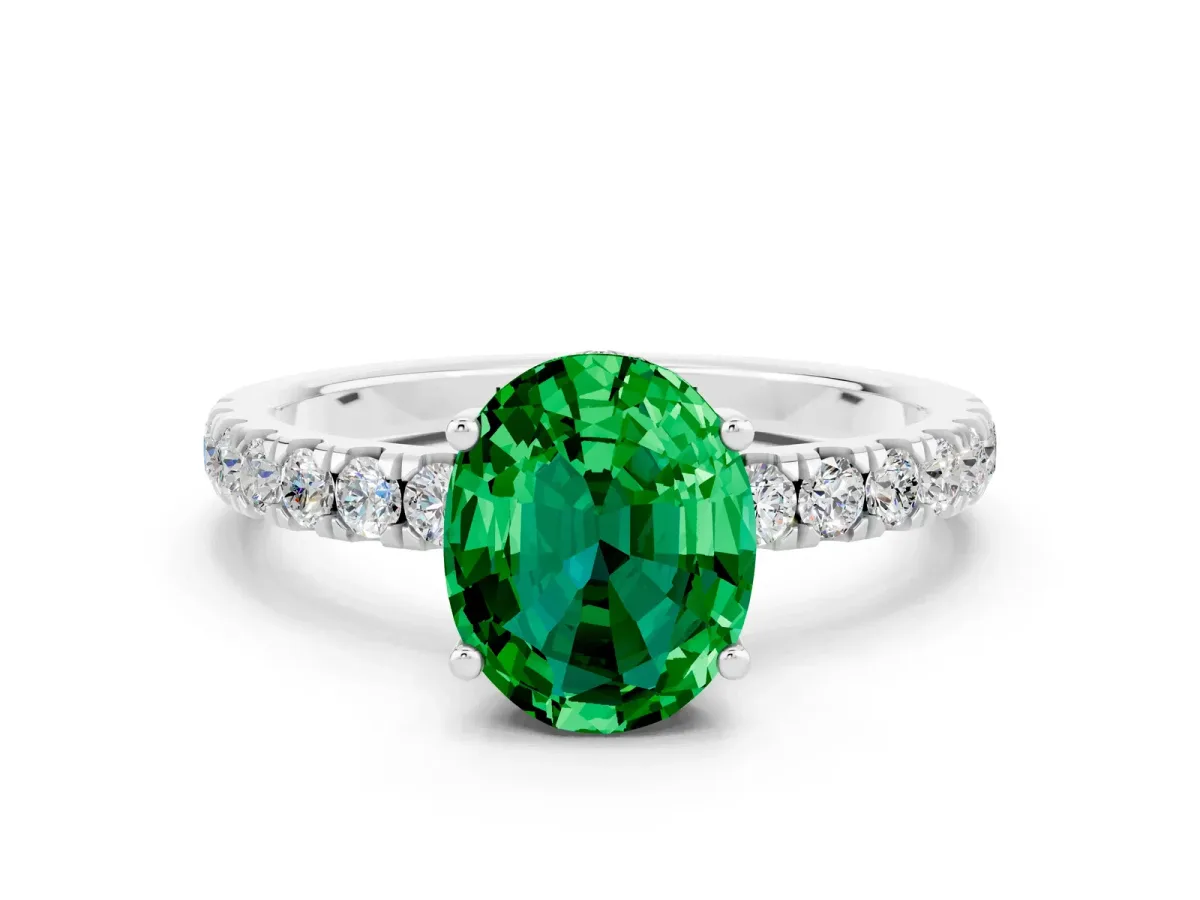 Oval Cut Emerald Pave Band Solitaire Ring with Round and Prong Setting Platinum