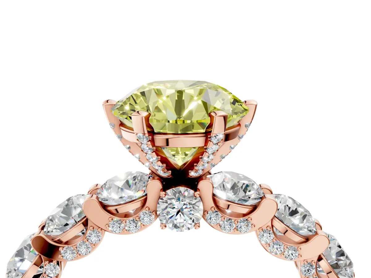 Fancy Yellow Round Cut Diamond Side Stone Engagement Ring with Four-Prong Setting Rose gold