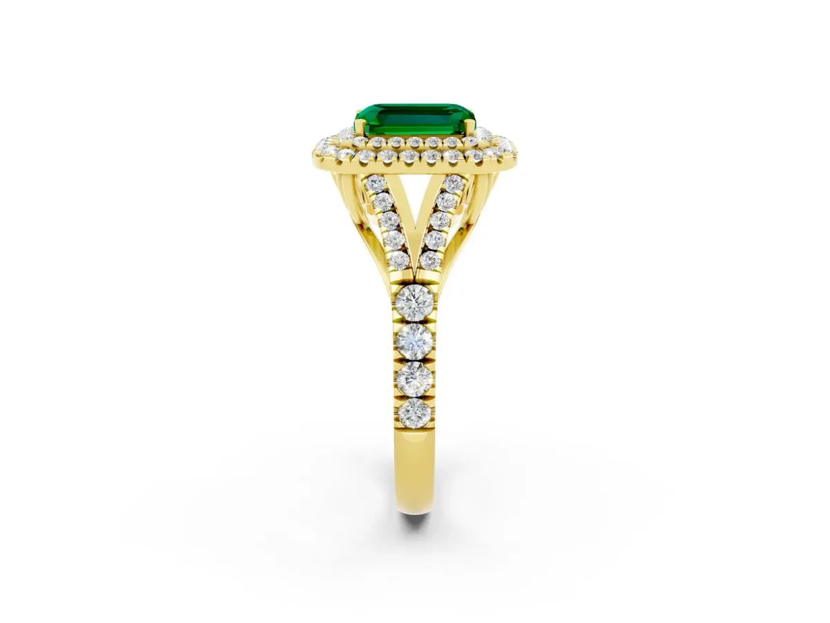 Double Halo Emerald Cut Emerald Split Shank Engagement Ring with Four-Prong Setting Yellow gold