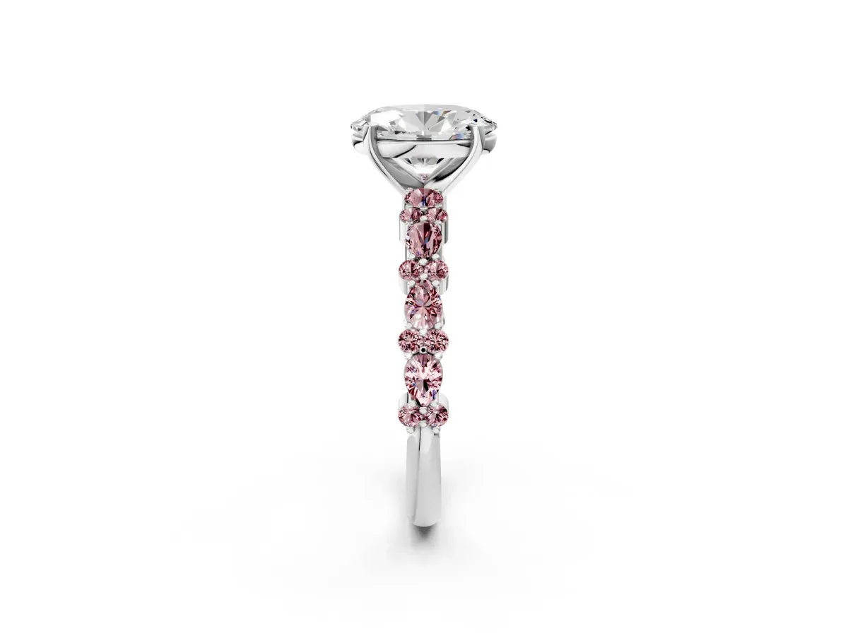 Oval Cut Diamond Side Stone Solitaire Ring with Round Morganite and Four-Prong Setting Silver