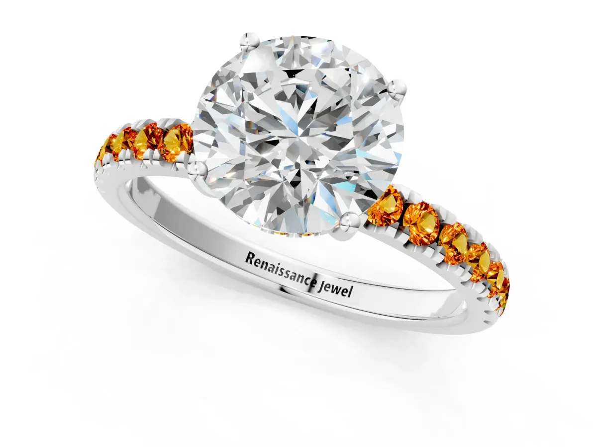 Round Cut Diamond Pave Band Solitaire Ring with Round Citrine and Prong Setting Platinum