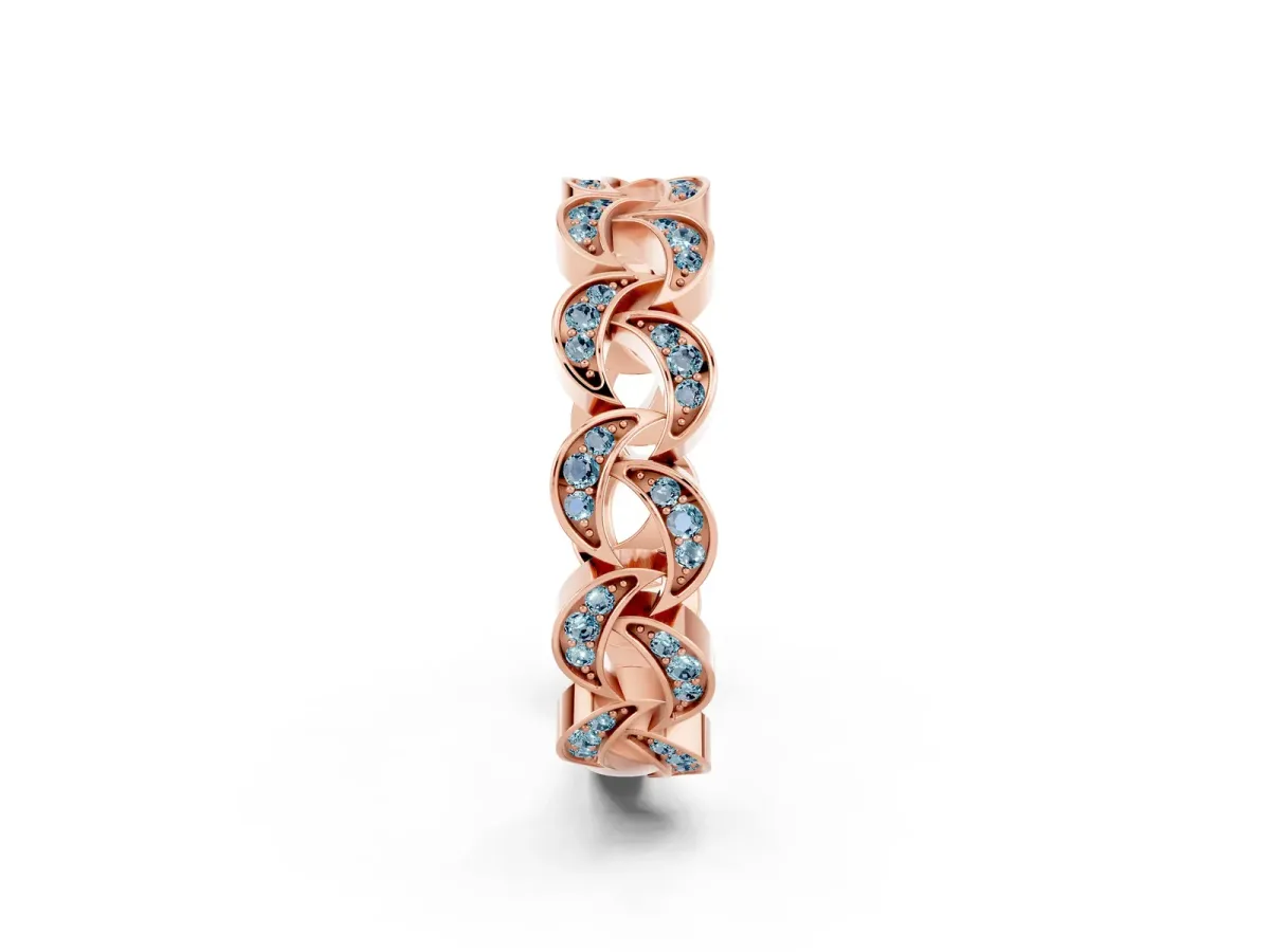 Pavé Round Aquamarine Interlocking Eternity Band with Bezel Prong Setting Rose gold
