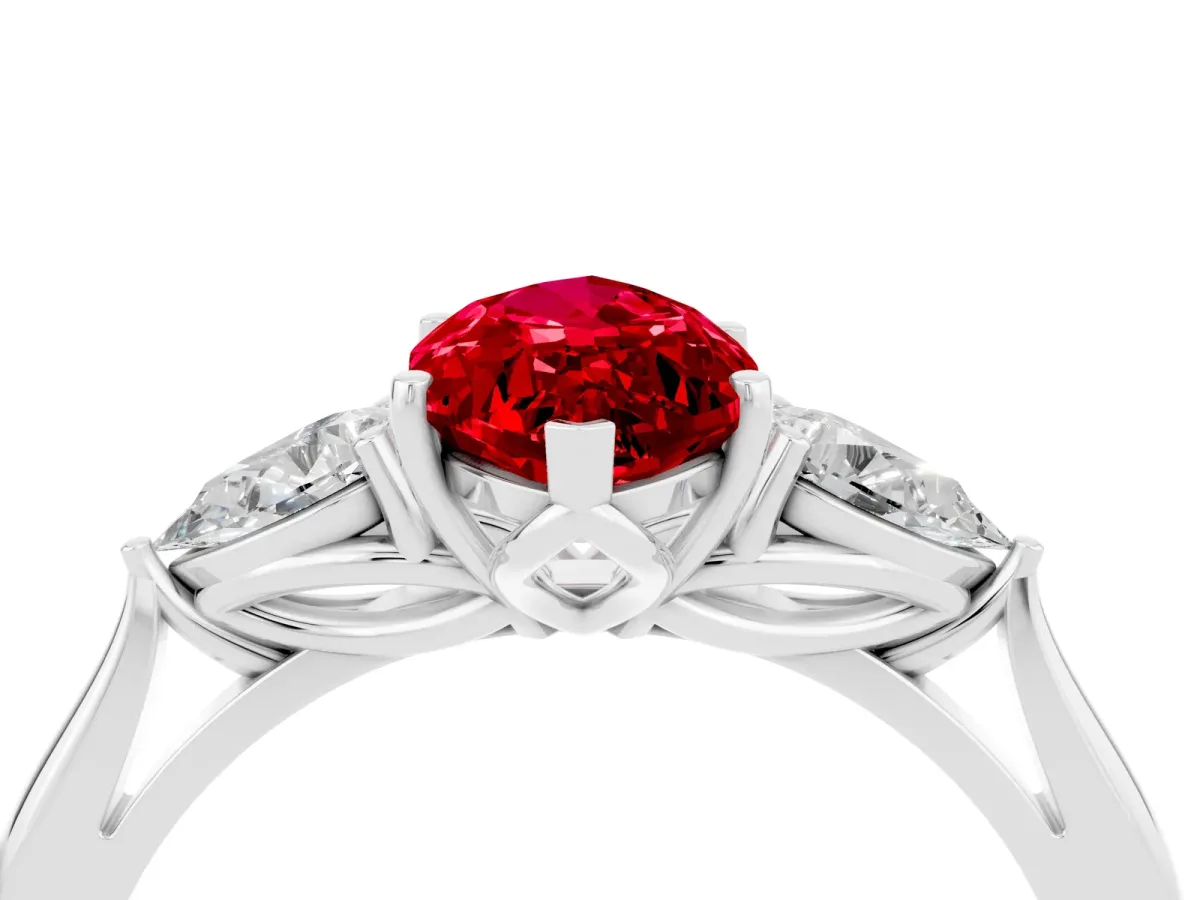 Marquise Cut Ruby Three-Stone Ring with Pear Side Stones and Prong Setting Silver