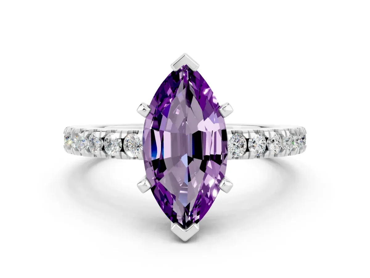 Marquise Cut Solitaire Amethyst with Pavé Band and Four-Prong Setting Silver