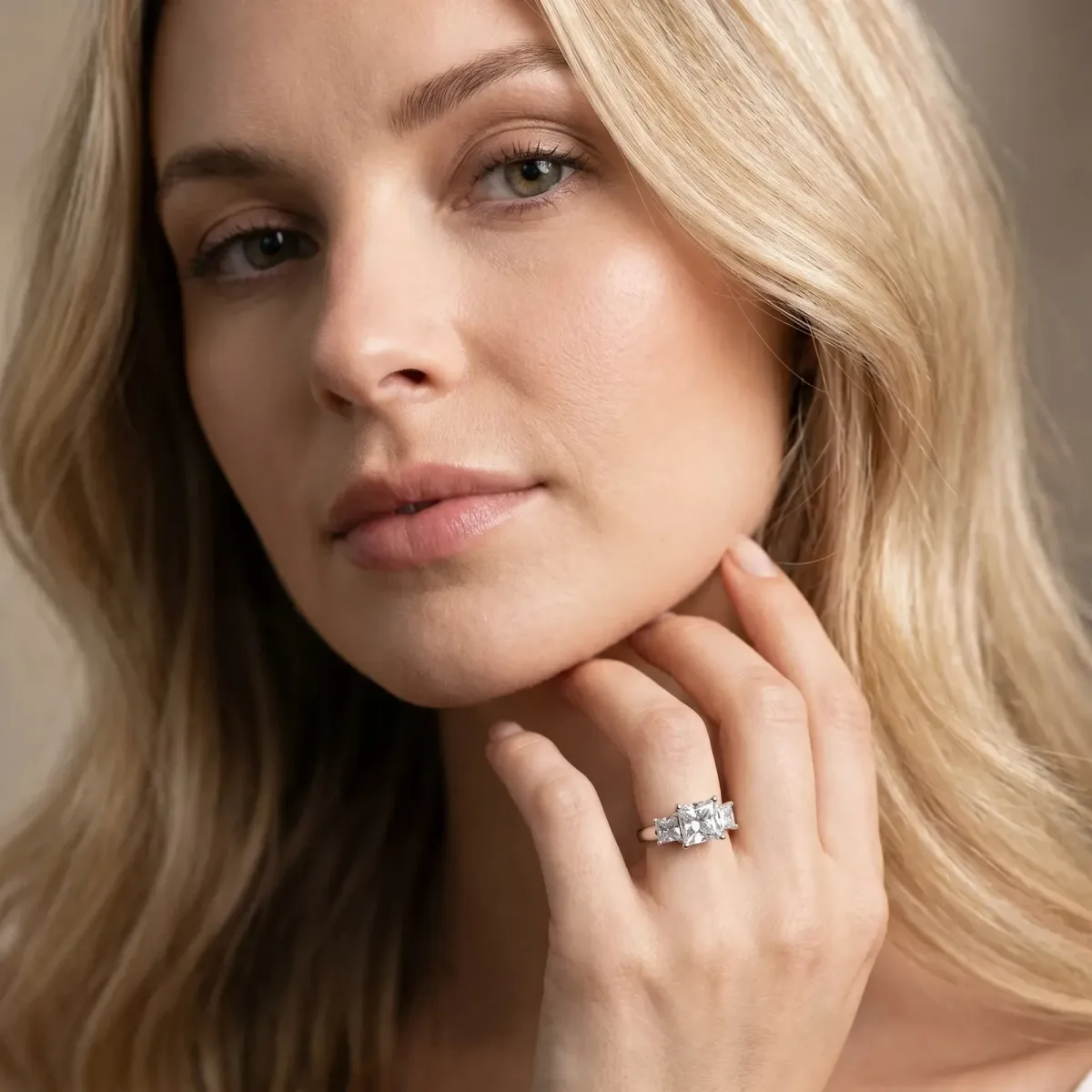 Three-Stone Princess Cut Diamond Engagement Ring with Prong Setting White gold