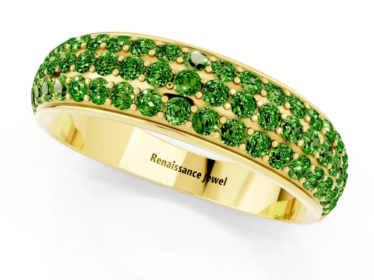 Three-Row Round Peridot Eternity Band with Shared Prong Setting Yellow gold