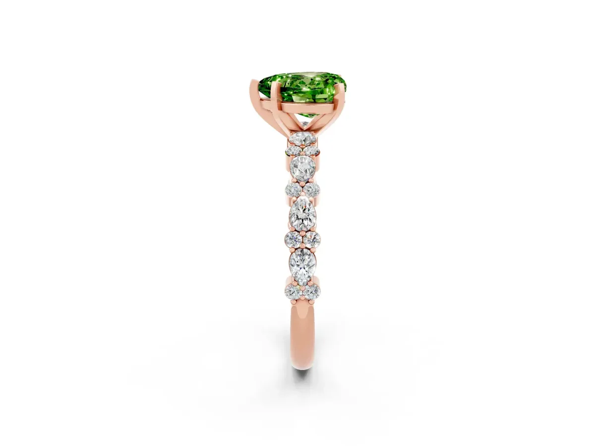 Heart Cut Peridot Side Stone Solitaire Ring with Round and Four-Prong Setting Rose gold