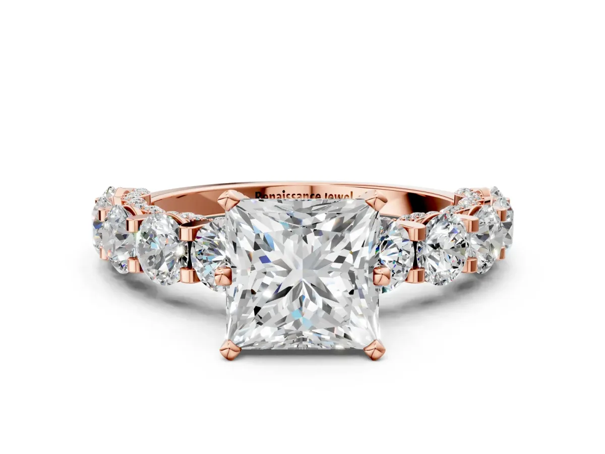 Princess Cut Diamond Side Stone Engagement Ring with Four-Prong Setting Rose gold