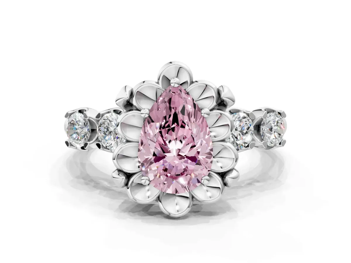Fancy Pink Pear Cut Cut Diamond Floral Halo Engagement Ring with Shared Prong Setting Silver
