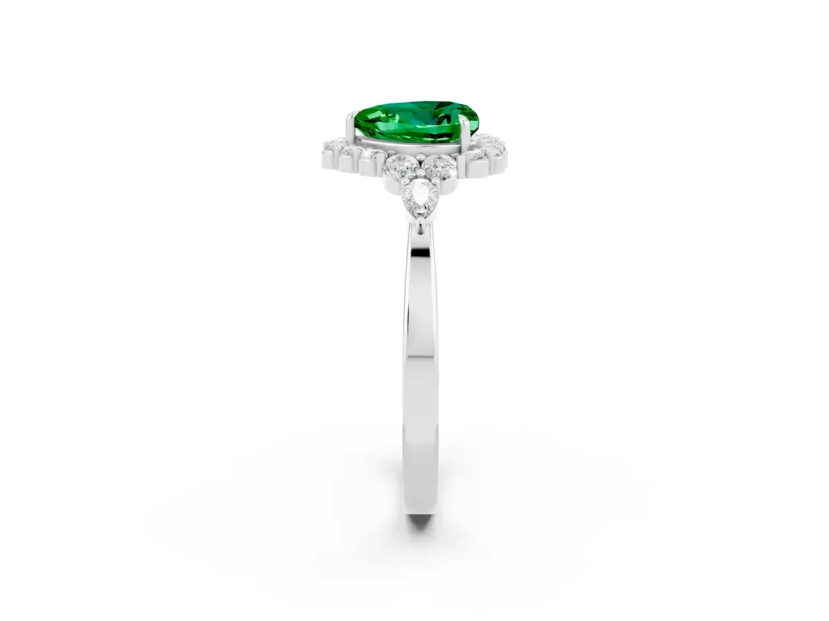 Heart Cut Emerald Halo Ring with Pear Side Stones and Prong Setting Silver