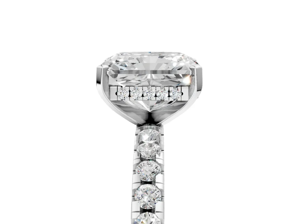 Radiant Cut Diamond Solitaire Ring with Round Pavé Band and Four-Prong Setting Silver
