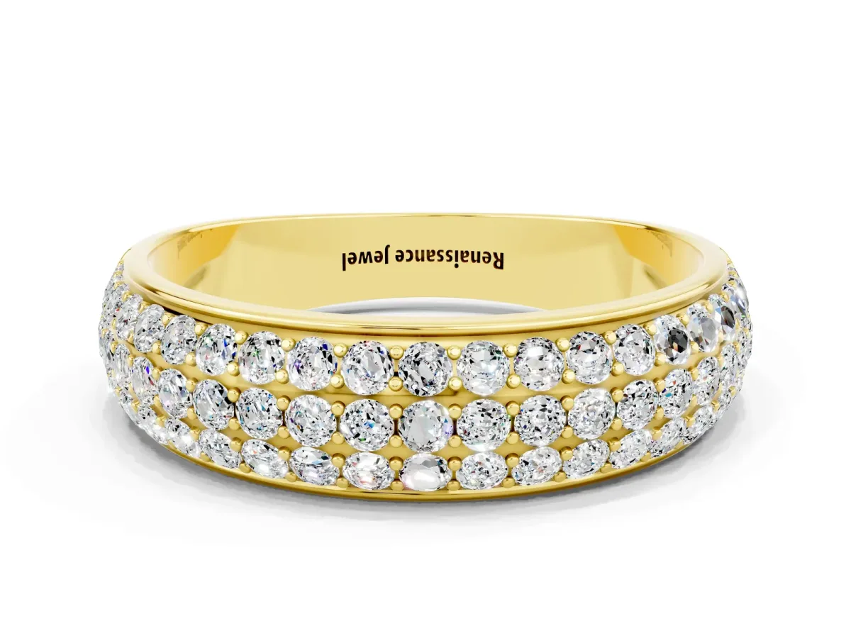 Three-Row Round Moissanite Eternity Band with Shared Prong Setting Yellow gold