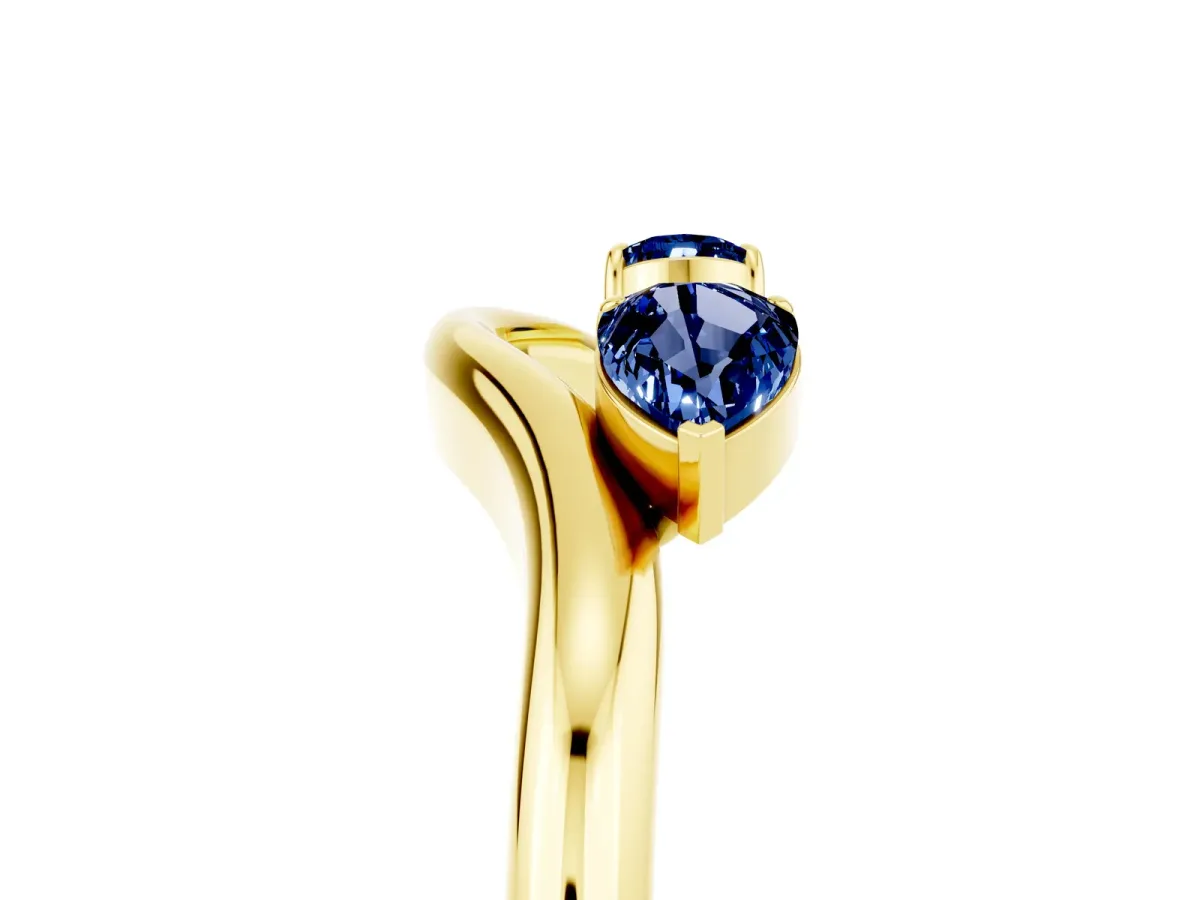 Pear Cut Blue Sapphire Two-Stone Open Band Ring with Prong Setting Yellow gold