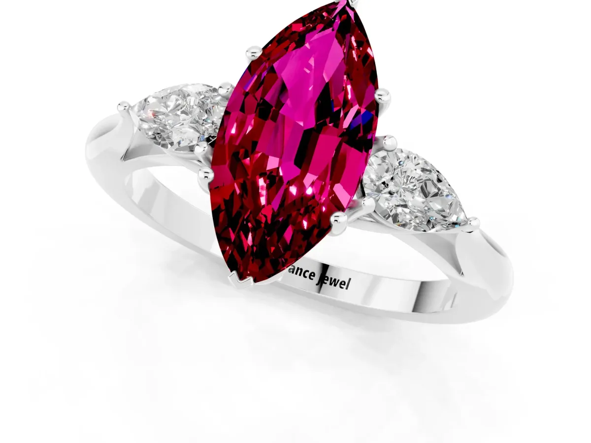 Marquise Cut Garnet Three-Stone Ring with Pear Side Stones and Prong Setting White gold