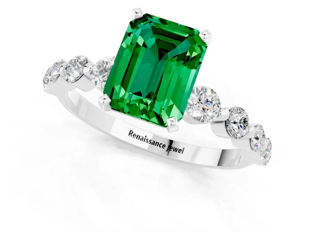 Emerald Cut Solitaire Emerald Ring with Pave Band and Four-Prong Setting White gold