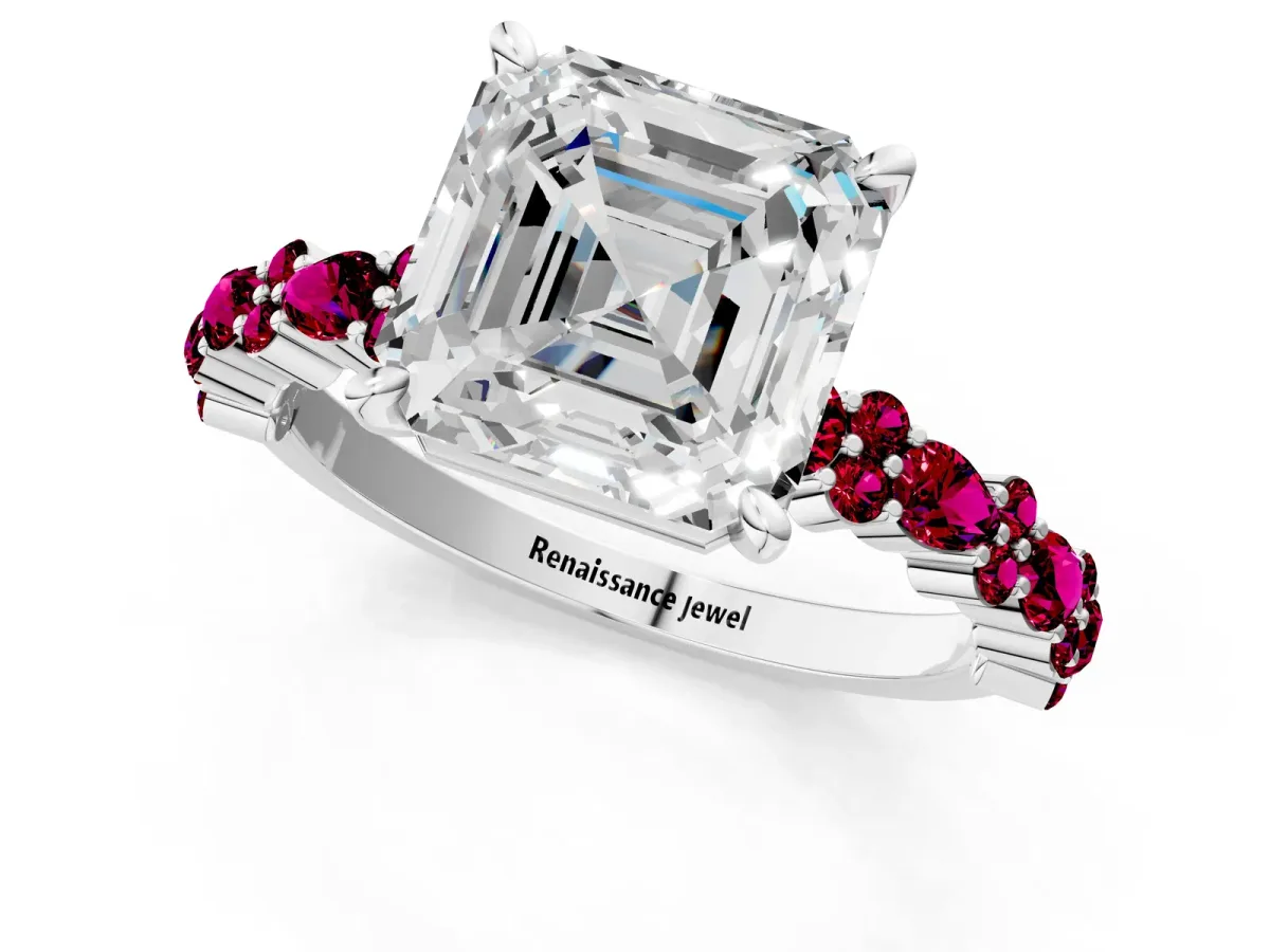 Asscher Cut Diamond Side Stone Solitaire Ring with Round Garnet and Four-Prong Setting Silver
