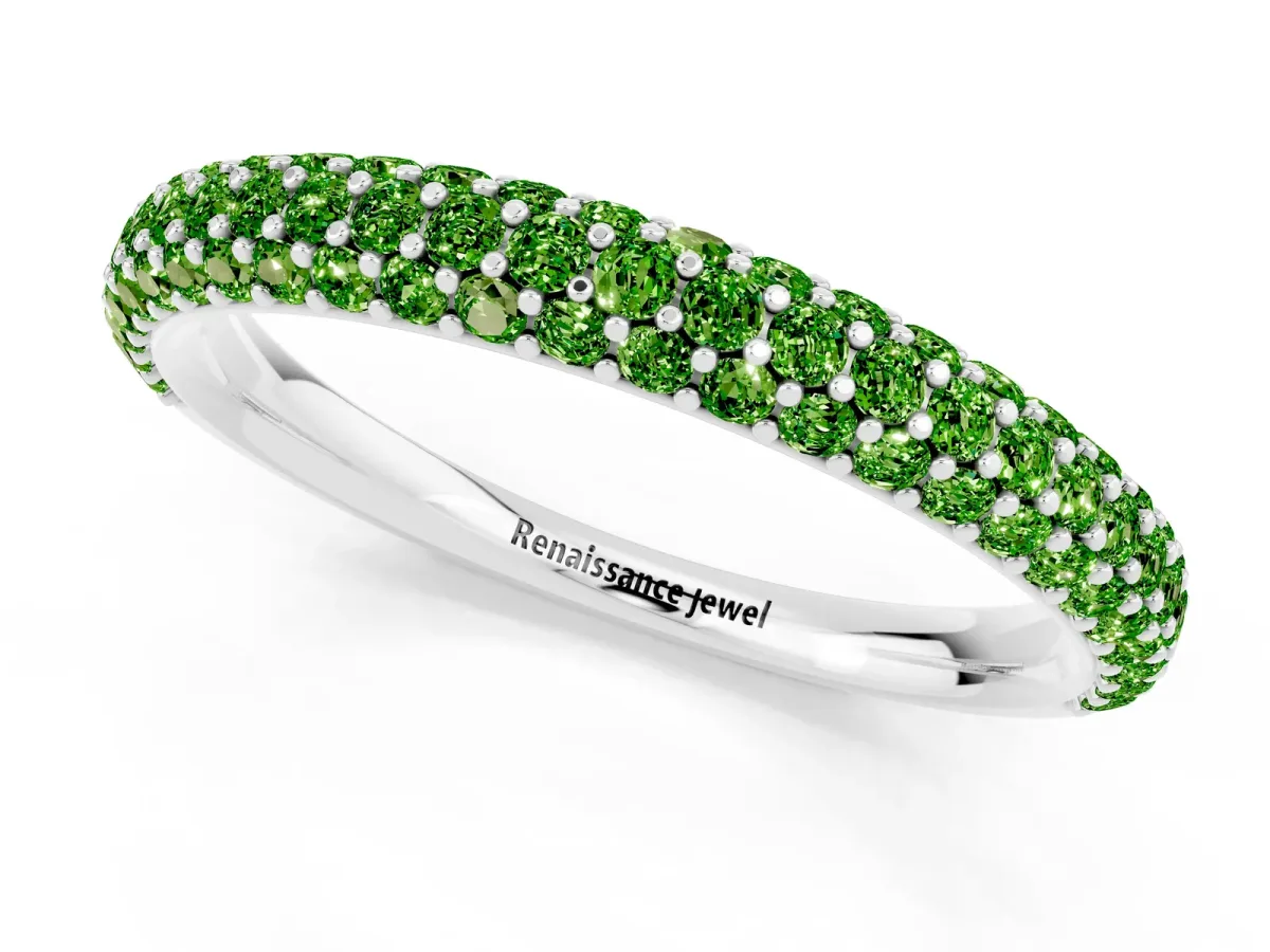 Round Peridot Pavé Eternity Band with Shared Prong Setting Silver