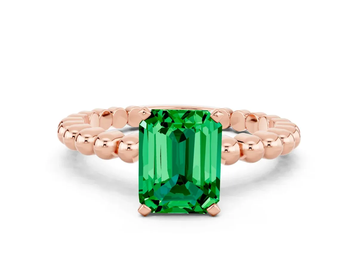 Emerald Cut Emerald Solitaire Ring with Beaded Band and Prong Setting Rose gold