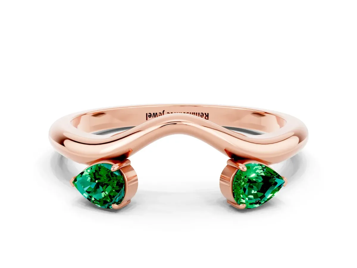 Pear Cut Emerald Two-Stone Open Band Ring with Prong Setting Rose gold