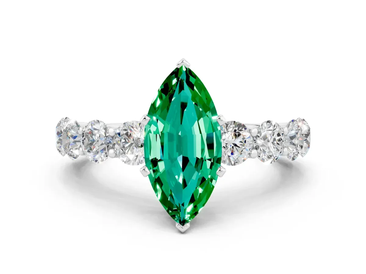 Marquise Cut Emerald Prong Setting with Side Stones on a Pave Band Silver