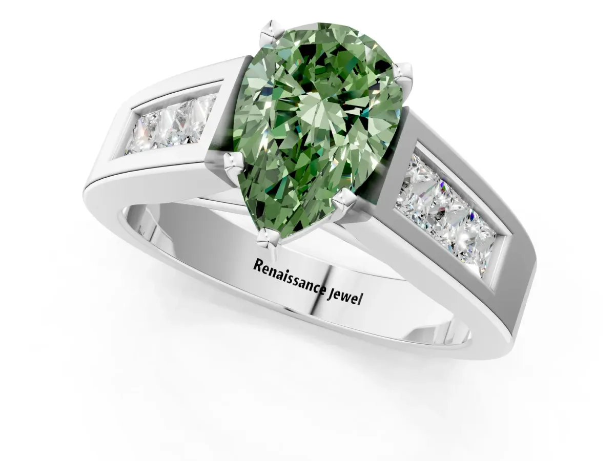 Fancy Green Pear Cut Cut Channel Set Solitaire Ring with Four-Prong Setting Silver