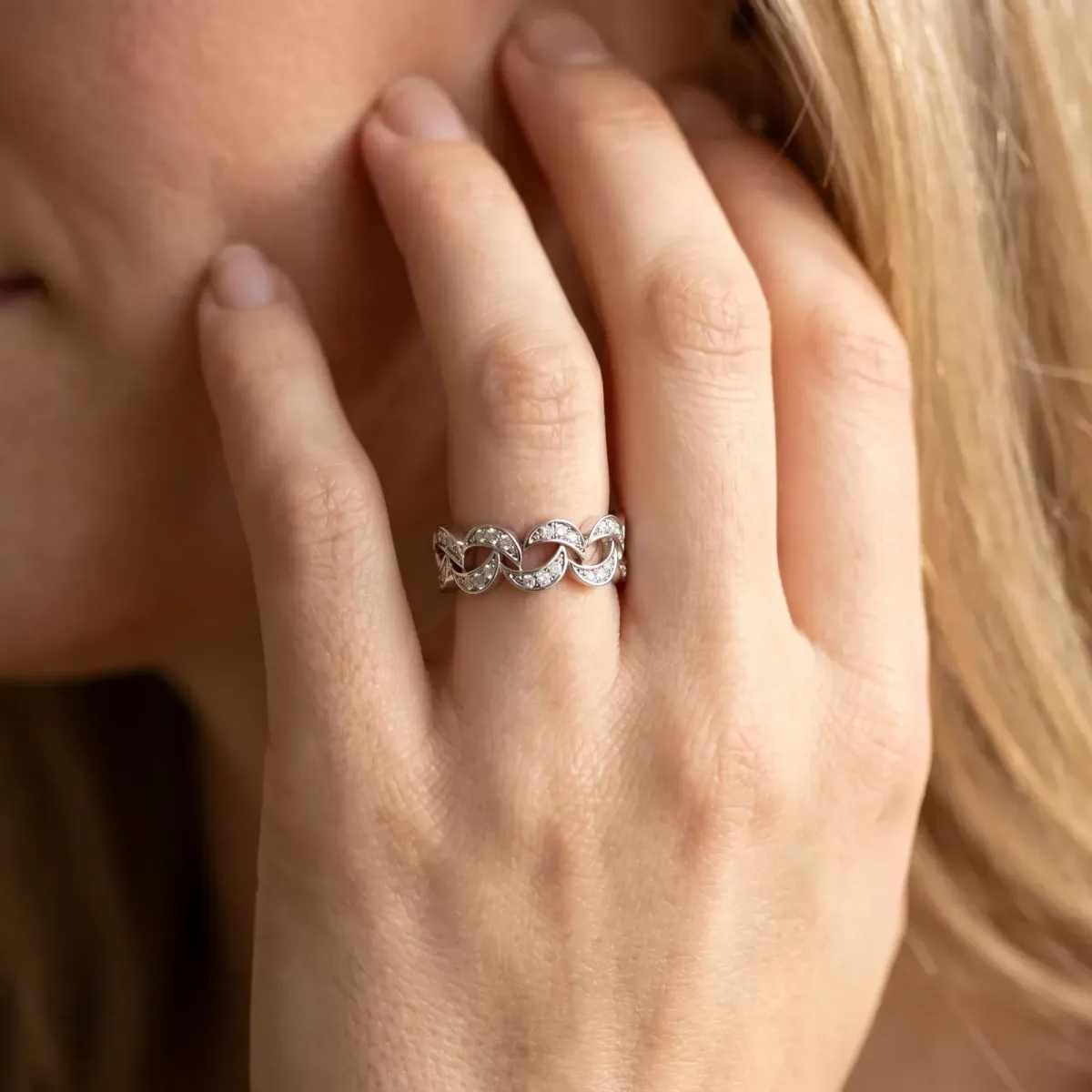 Pavé Round Diamond Interlocking Eternity Band with Bezel Prong Setting Silver