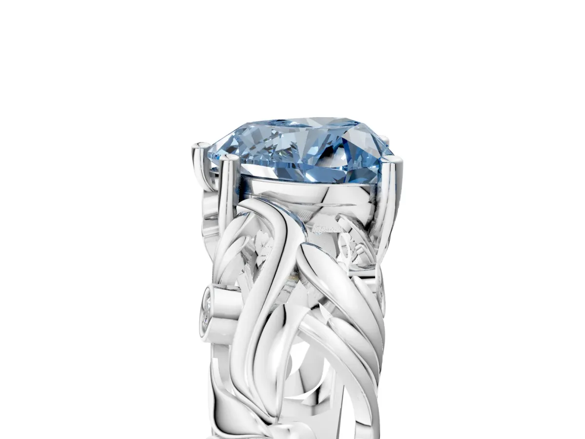 Fancy Blue Heart Cut Solitaire Diamond Leaf-Inspired Vine Band Ring with Prong Setting Platinum