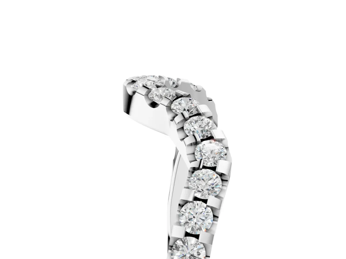 Round Diamond Pavé Chevron Wedding Band with Prong Setting Silver