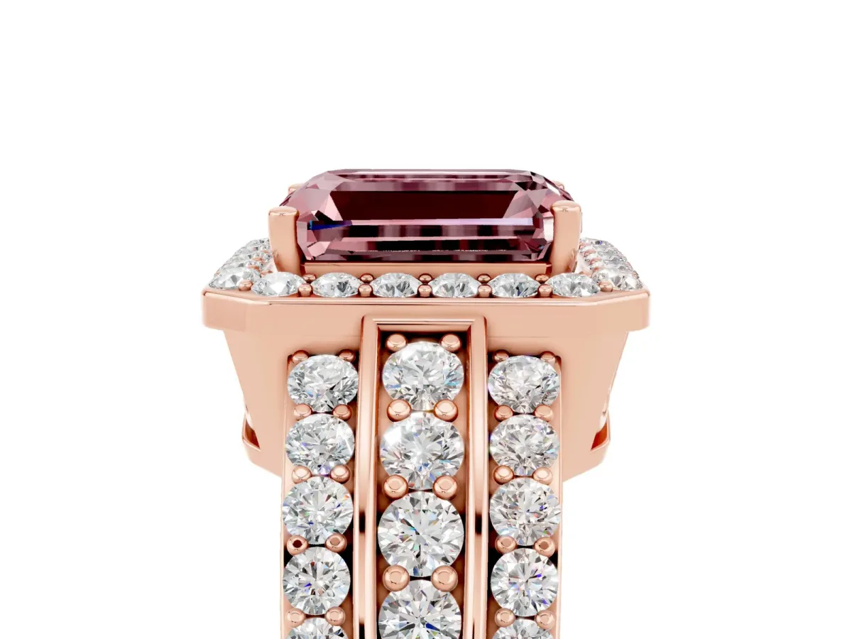 Emerald Cut Halo Morganite Ring with Round Split Shank and Prong Setting Rose gold