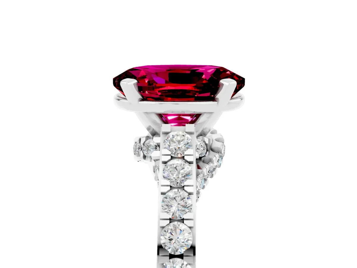 Oval Cut Garnet Solitaire Ring with Crossover Gallery and Round Pavé Band Silver