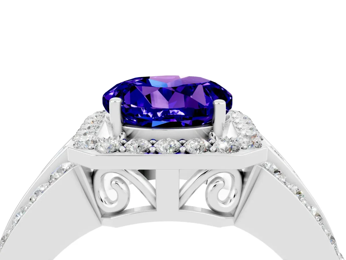 Round Cut Halo Tanzanite Ring with Round Split Shank and Prong Setting Platinum