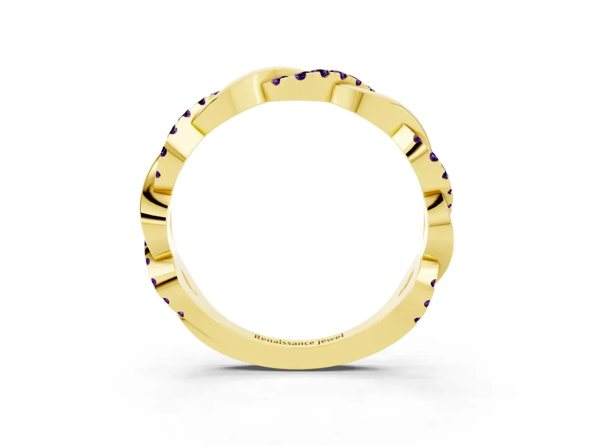 Pavé Round Amethyst Twist Eternity Band with Shared Prong Setting Yellow gold