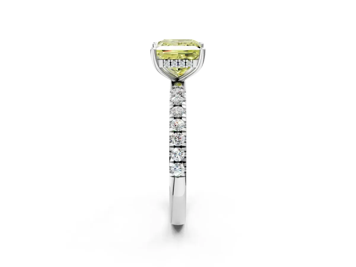 Fancy Yellow Princess Cut Diamond Pave Band Solitaire Ring with Round and Prong Setting Silver