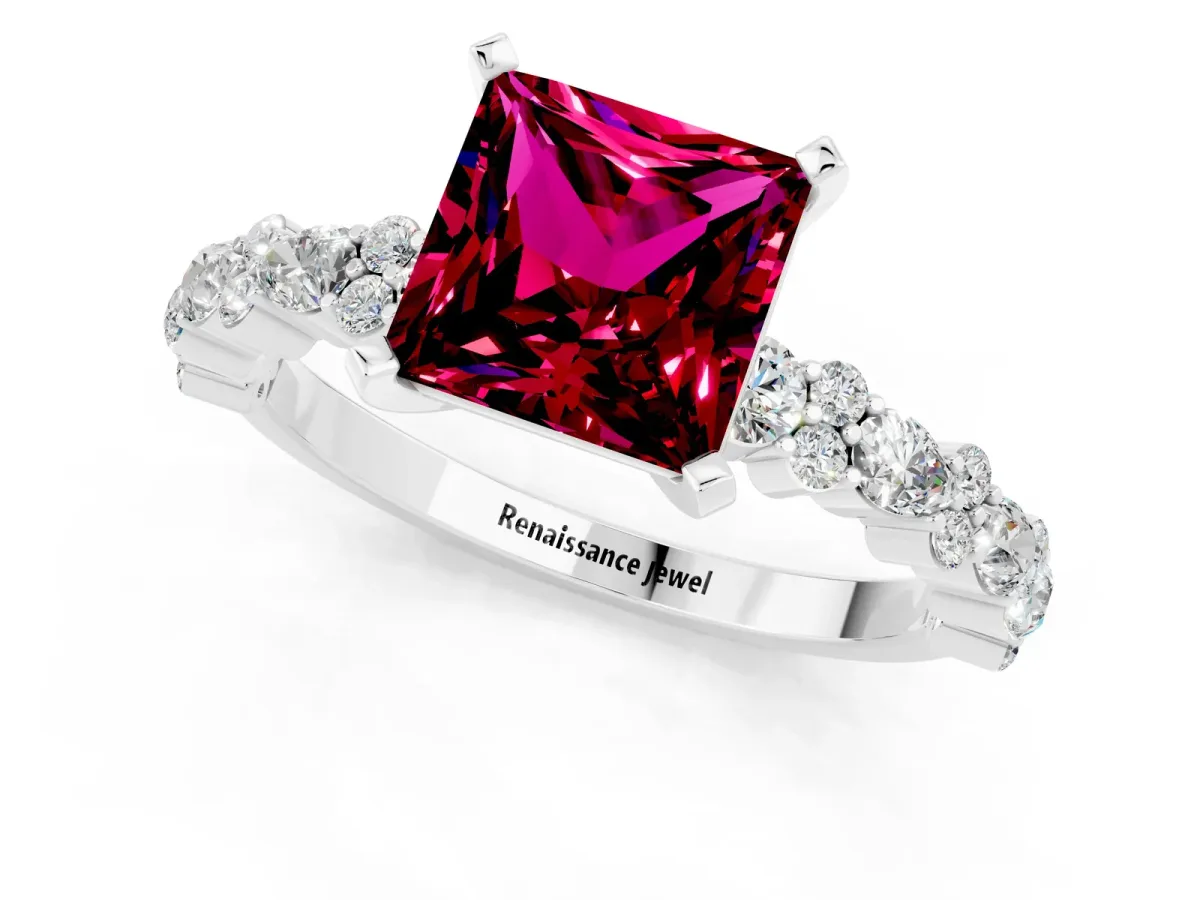 Princess Cut Garnet Side Stone Solitaire Ring with Round and Four-Prong Setting Silver