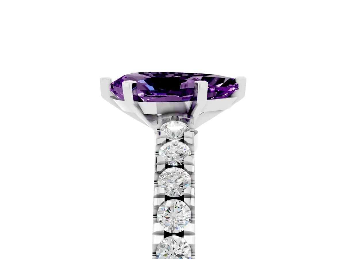 Pear Cut Solitaire Amethyst with Pavé Band and Four-Prong Setting Platinum