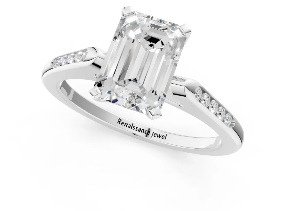 Emerald Cut Diamond Solitaire Ring with Channel Set Round Band and Prong Setting Silver