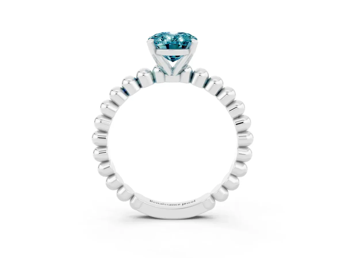 Oval Cut Blue Topaz Solitaire Ring with Beaded Band and Prong Setting Silver