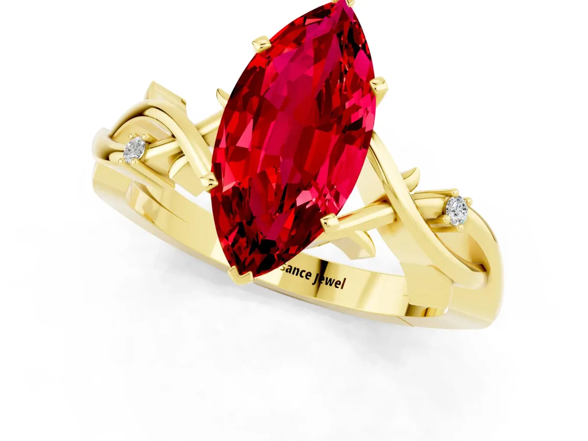 Marquise Cut Ruby Solitaire Ring with Twisted Band and Prong Setting Yellow gold
