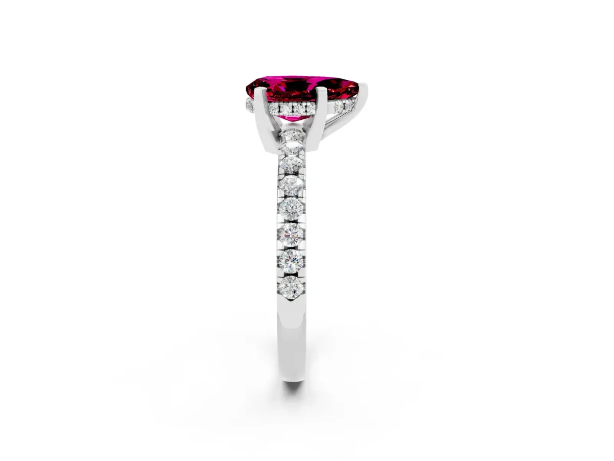 Pear Cut Garnet Solitaire Ring with Round Pavé Band and Four-Prong Setting Silver