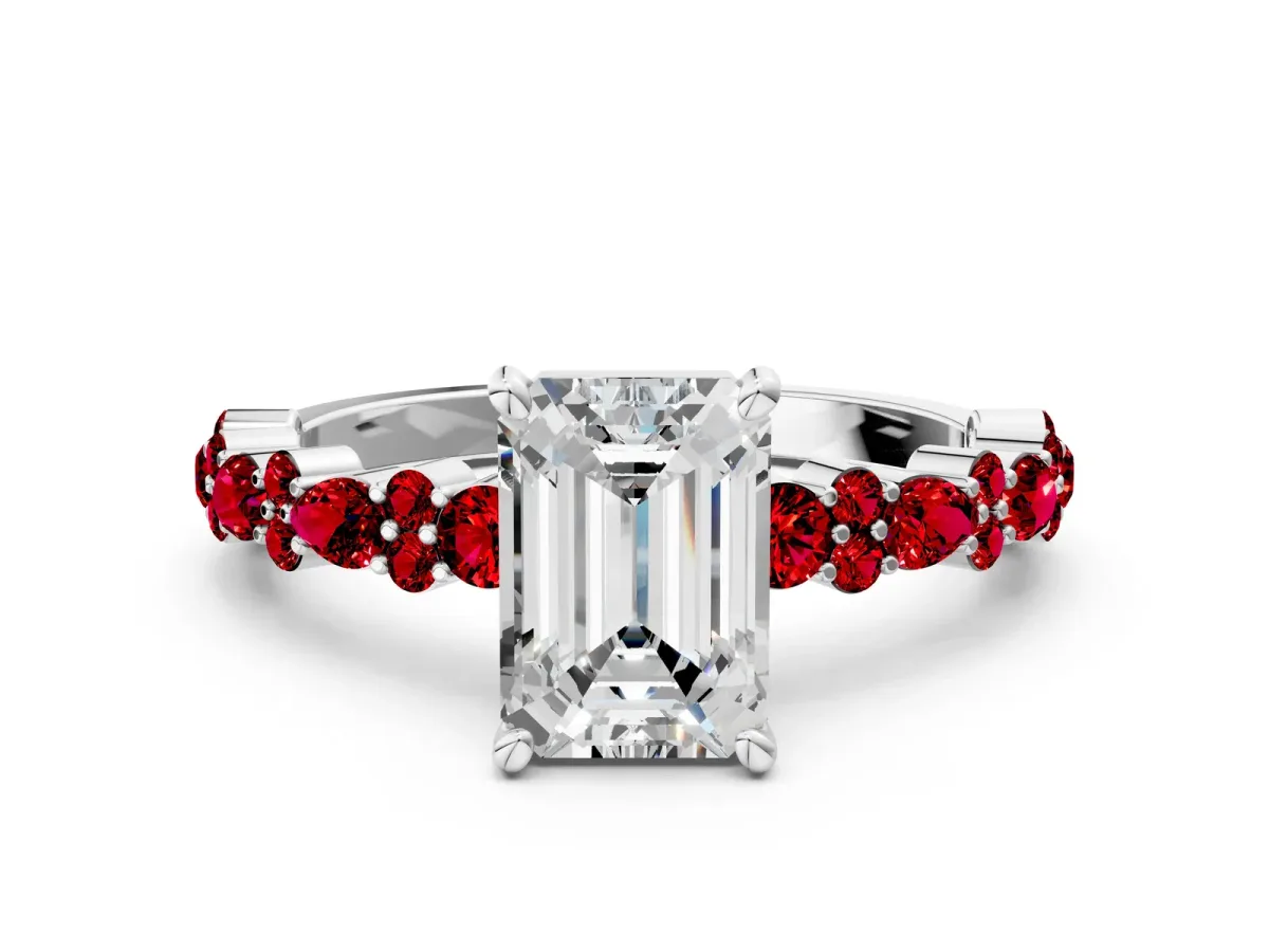 Emerald Cut Diamond Side Stone Solitaire Ring with Round Ruby and Four-Prong Setting White gold