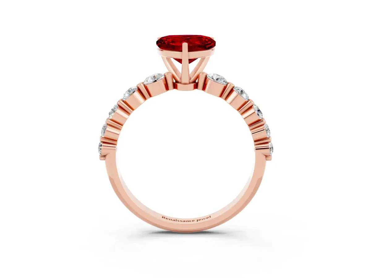 Heart Cut Solitaire Ruby Ring with Pave Band and Four-Prong Setting Rose gold