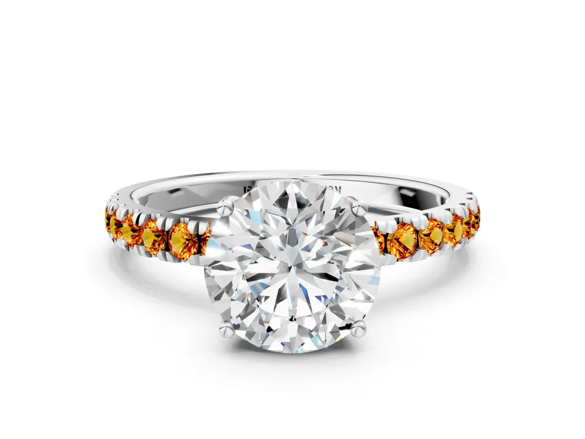 Round Cut Diamond Pave Band Solitaire Ring with Round Citrine and Prong Setting Platinum