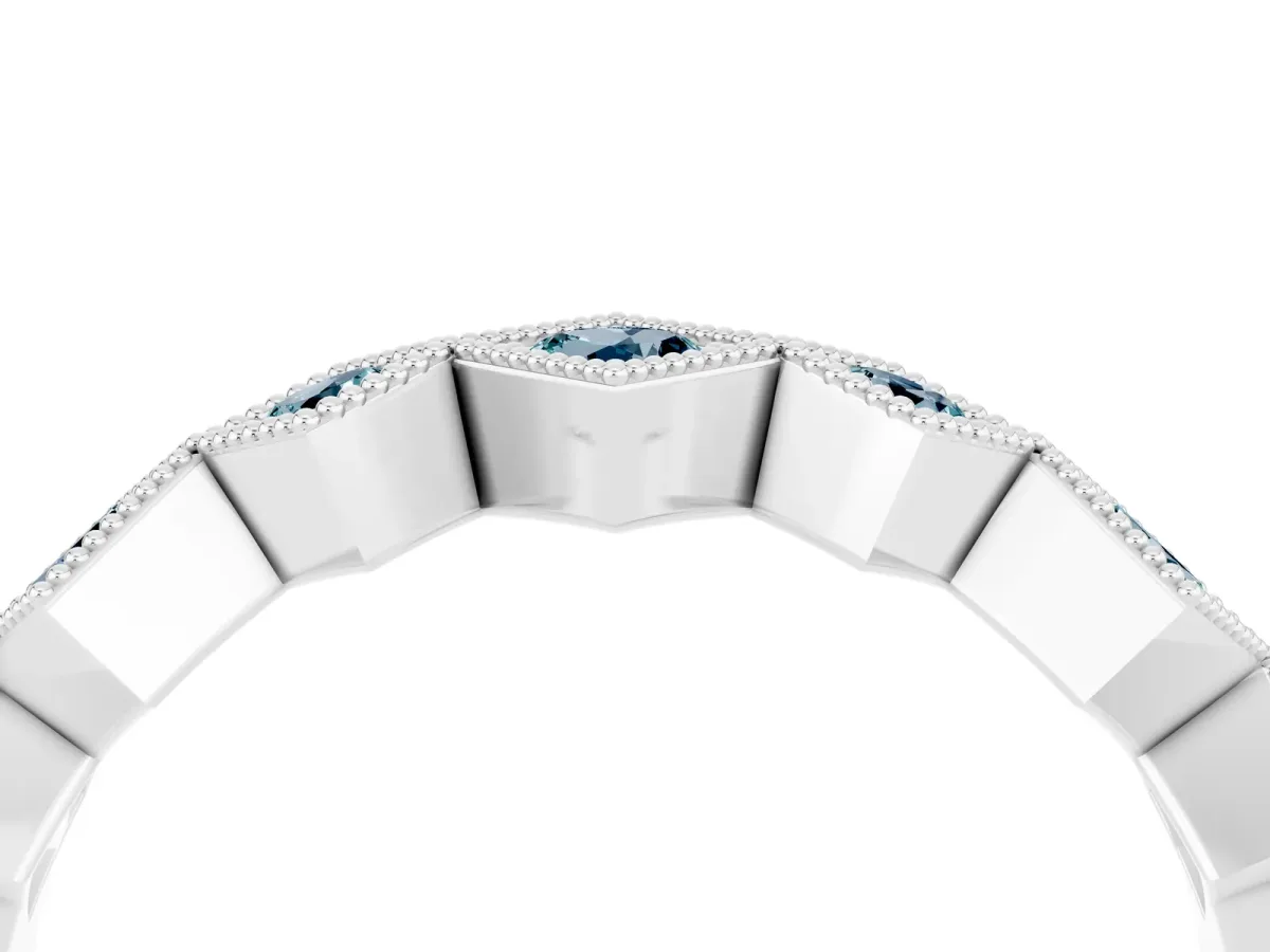 Milgrain Square Bezel Round Aquamarine Chevron Band Platinum