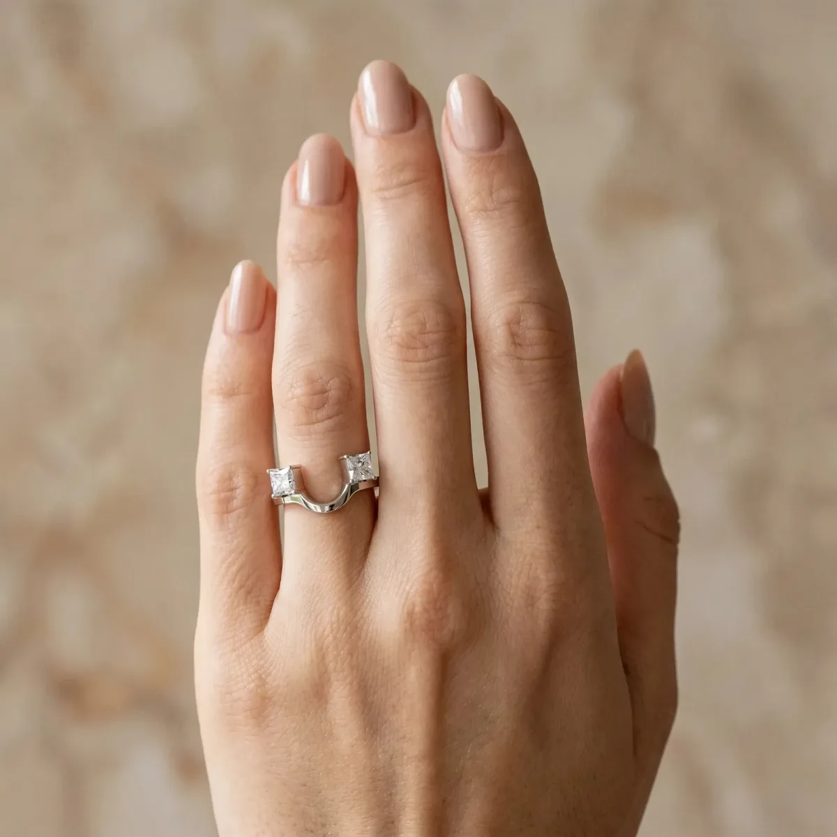 Princess Cut Diamond Two-Stone Open Band Ring with Four-Prong Setting White gold