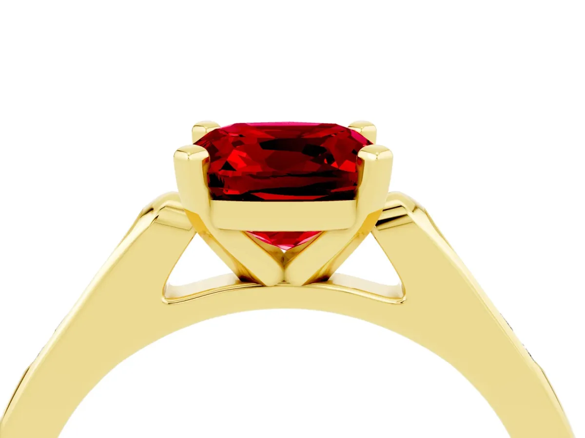 Cushion Cut Ruby Solitaire Ring with Channel Set Round Band and Prong Setting Yellow gold