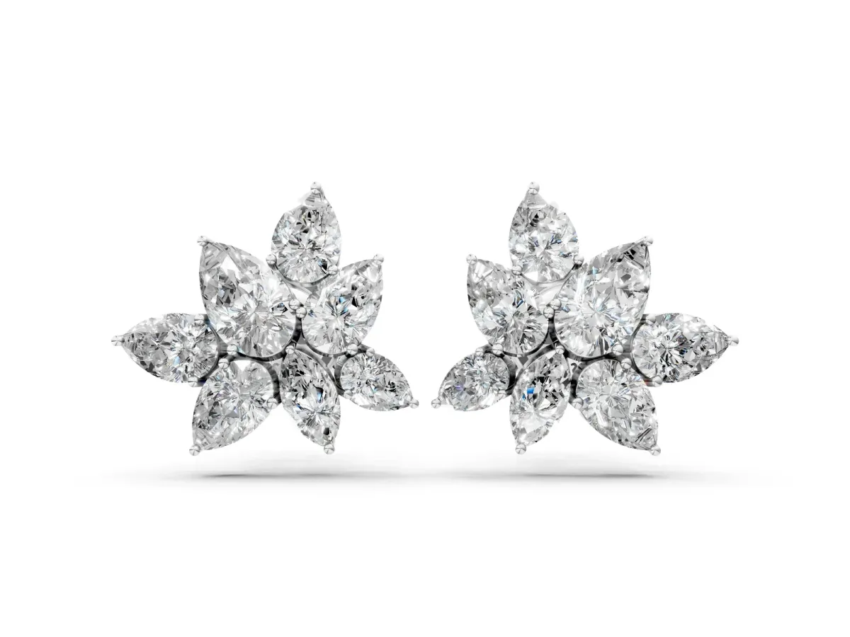 Pear and Marquise Diamond Floral Cluster Stud Earrings White gold