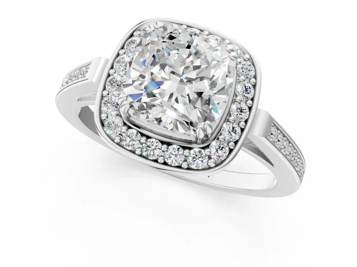 Cushion Cut Diamond Halo Ring with Split Shank and Four-Prong Setting White gold