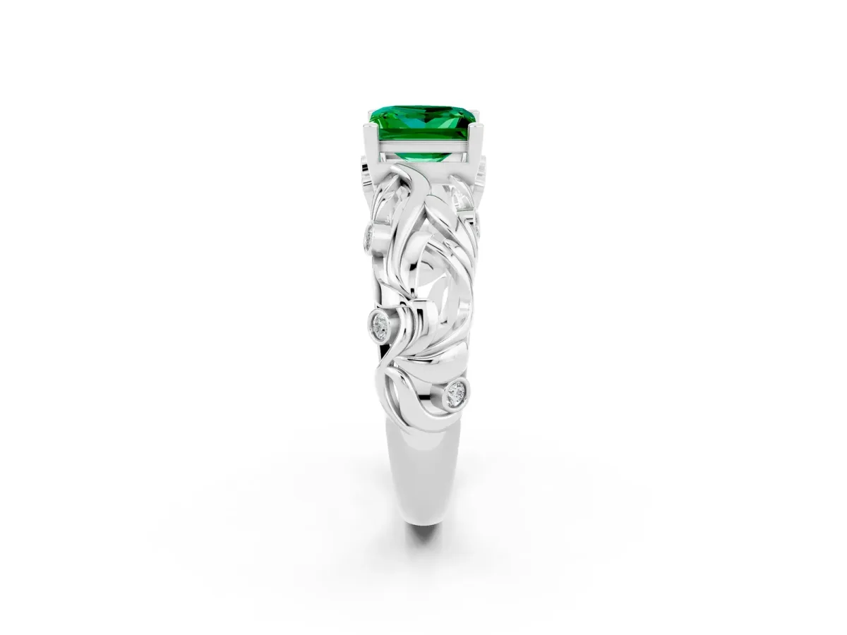 Princess Cut Solitaire Emerald Leaf-Inspired Vine Band Ring with Prong Setting White gold