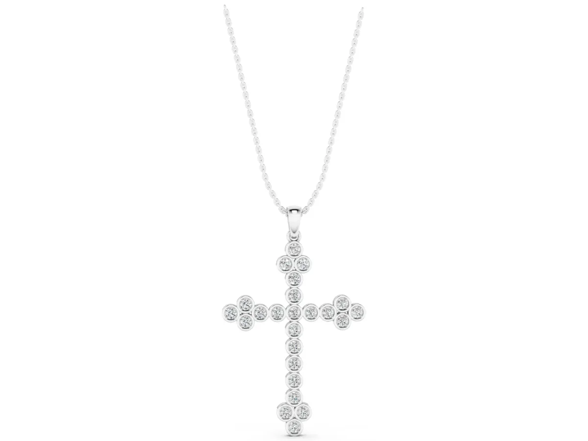 Round Diamond Bezel Set Cross Pendant Silver