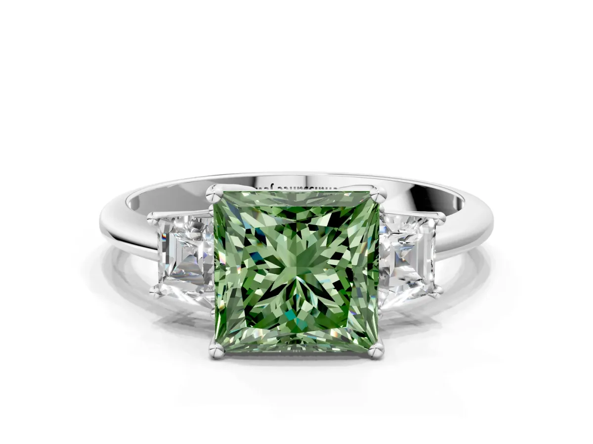 Fancy Green Princess Cut Diamond Three-Stone Ring with Trapezoid Side Stones and Prong Setting Silver